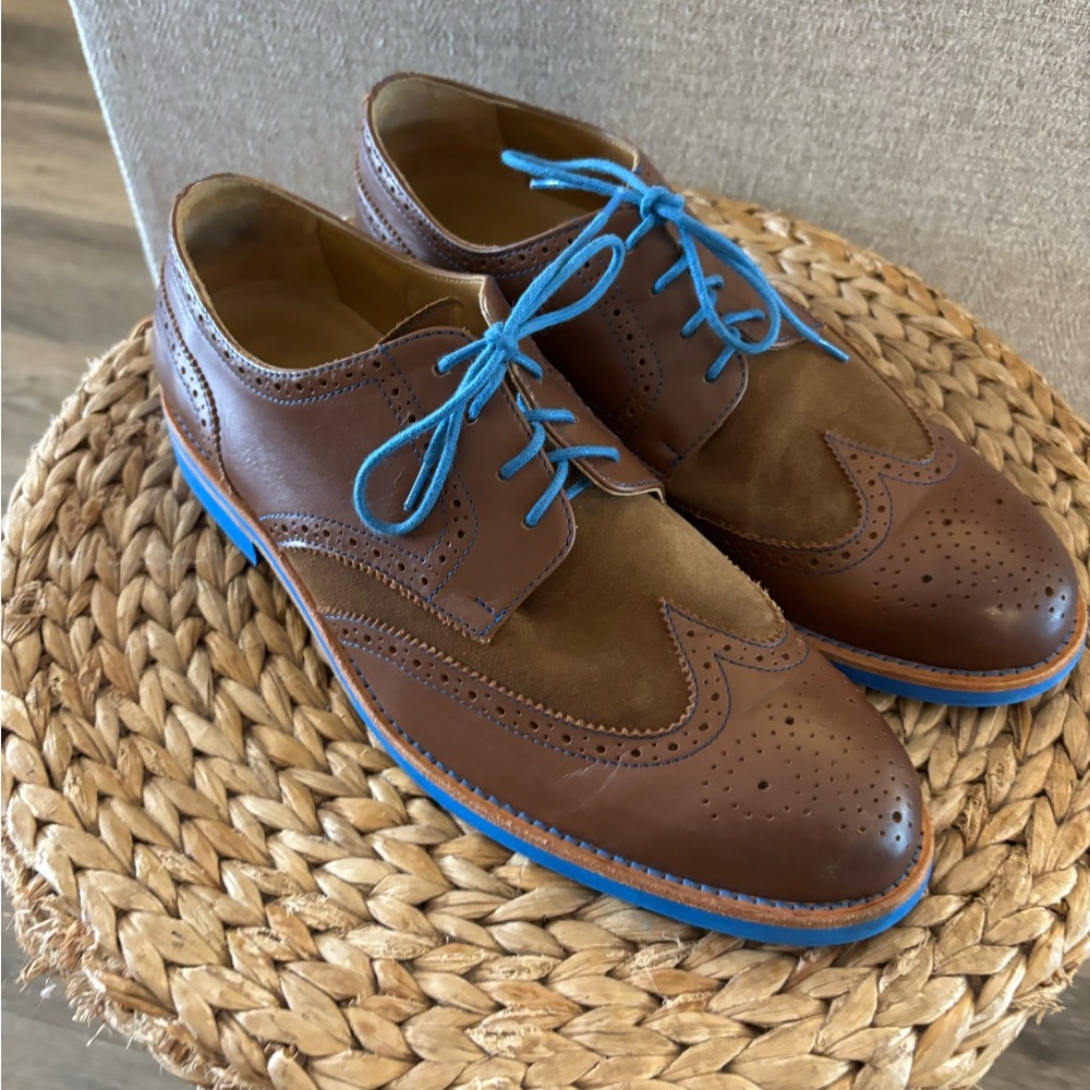 Men's Bold Society by Sony Brown Wingtip Dress Shoes with Blue Accents Sz 12